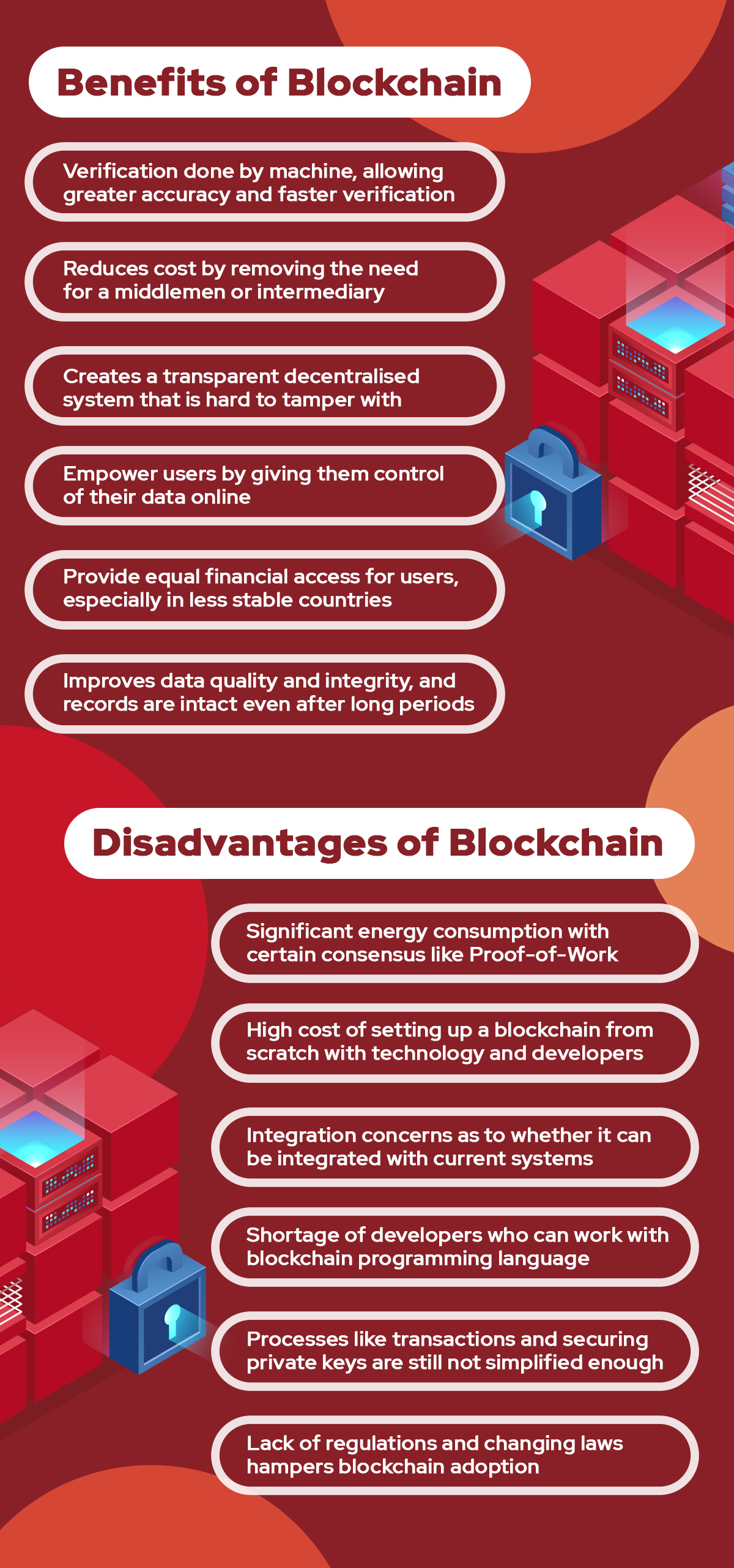 an infographic about the benefits and disadvantages of blockchain