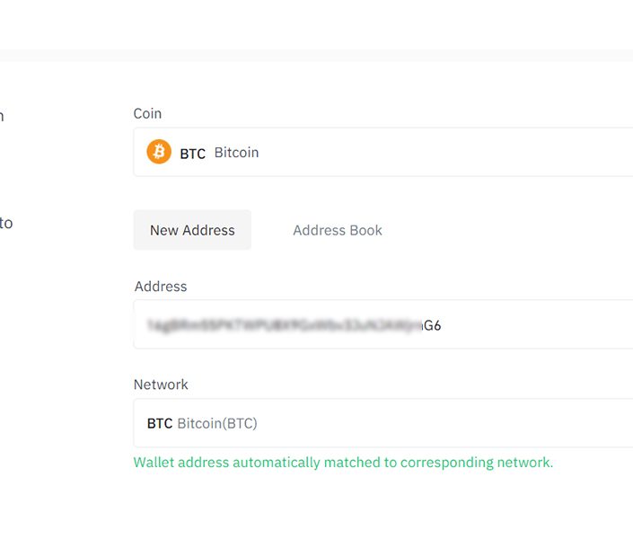6. Paste the address into the 'Address' portion on Binance.com