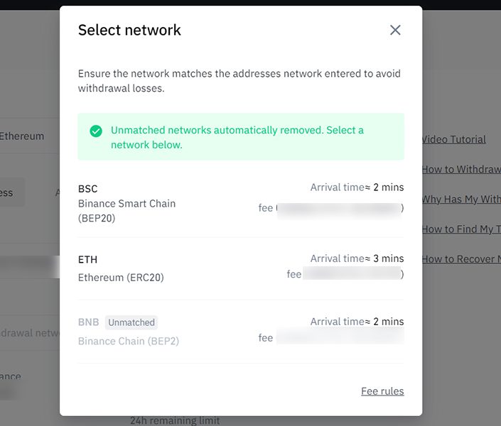 7. If you are transferring a currency with other network options, make sure you send to the correct address