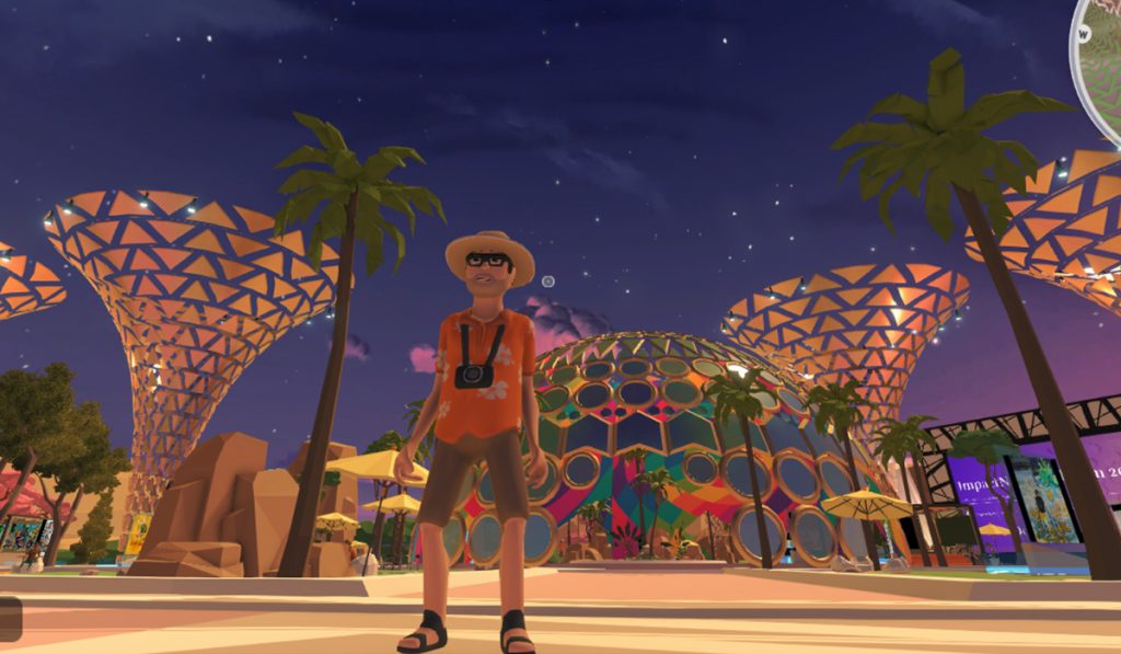 a character in a straw hat aloha shirt khaki shorts in impactnft alliance virtual exhibition