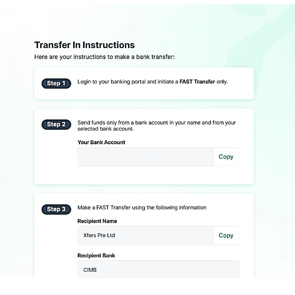 Step #2: Follow the instructions to deposit SGD into your account.