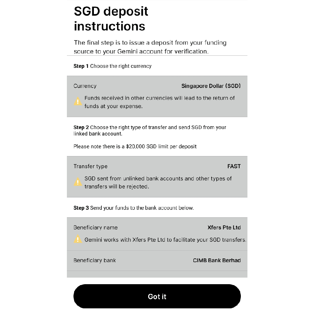 Step #7: Go back to the Accounts page and select ‘Deposit into Gemini’. Follow the instructions stated.
