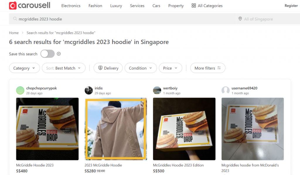 Carousell listings that are selling the McGriddles hoodie for a much higher price.