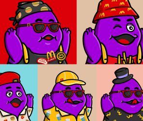 A banner depicting a collection of Grimace NFT Collectibles