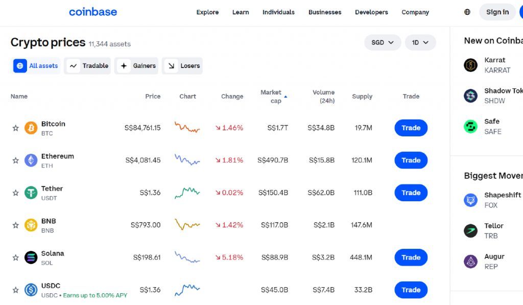 Coinbase Singapore's platform showing the different functionalities as a crypto exchange.